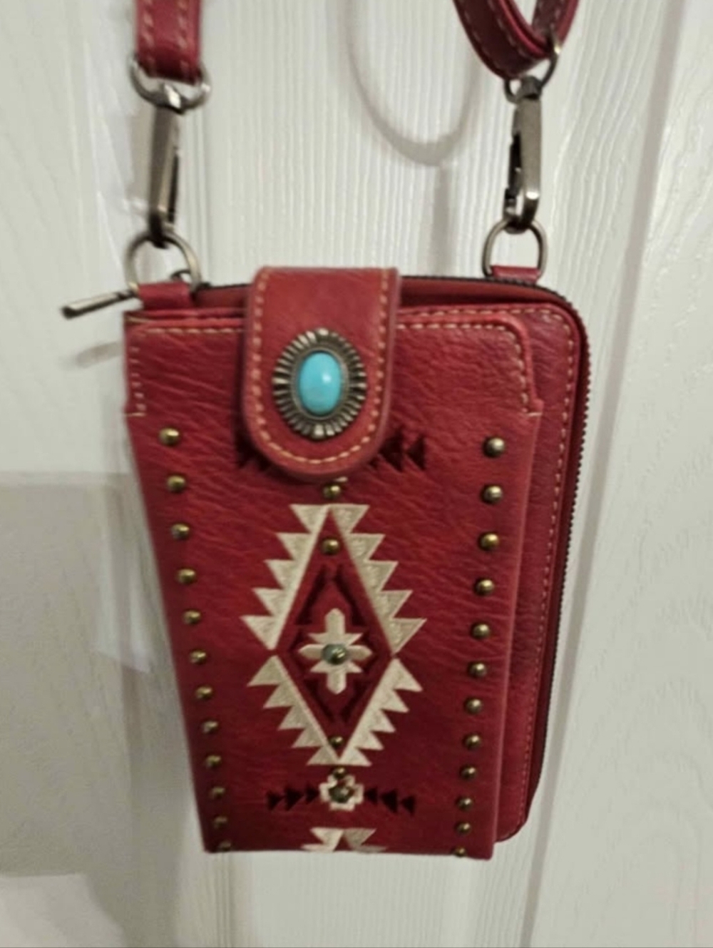 Red Aztec Studded Crossbody Wallet Bag with Turquoise Accent